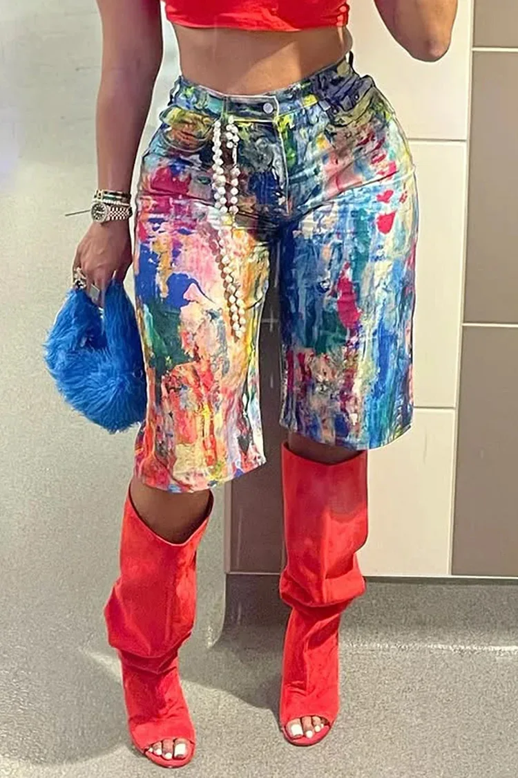 

OL6185 Новинка лета 2024, женские шорты с карманами и граффити, популярные повседневные шорты из полиэстера, короткие модные уличные короткие брюки со средней талией