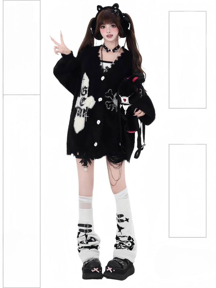 Y2k Ästhetische Schädel Strickjacken Frauen Herbst Casual Lose Zerrissene Schal Pullover Streetwear Gothic Mode Harajuku Grunge Mäntel