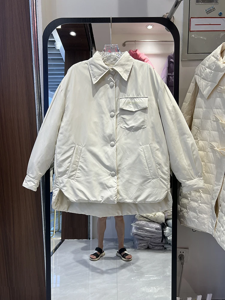

Женская модная рубашка с воротником, свободная, средняя и длинная, универсальное, утягивающее и стильное пальто, корейская версия, легкий пуховик