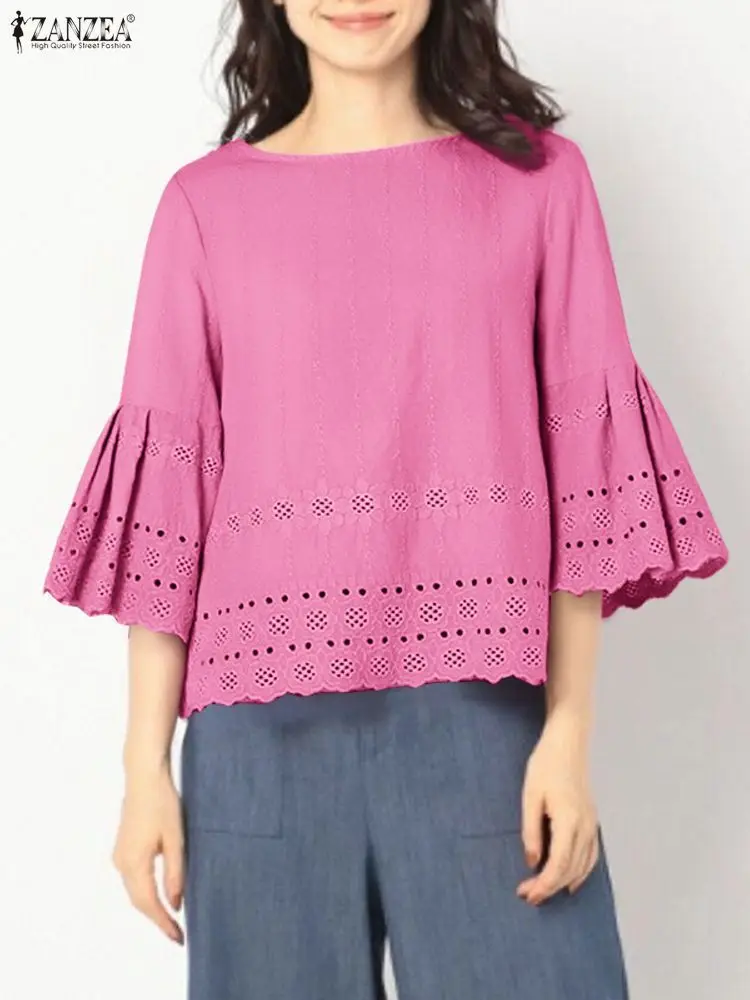 

ZANZEA, повседневные ажурные блузки с вышивкой, женские осенние блузки с круглым вырезом и рукавами 3/4, однотонная блузка, праздничный повседневный топ