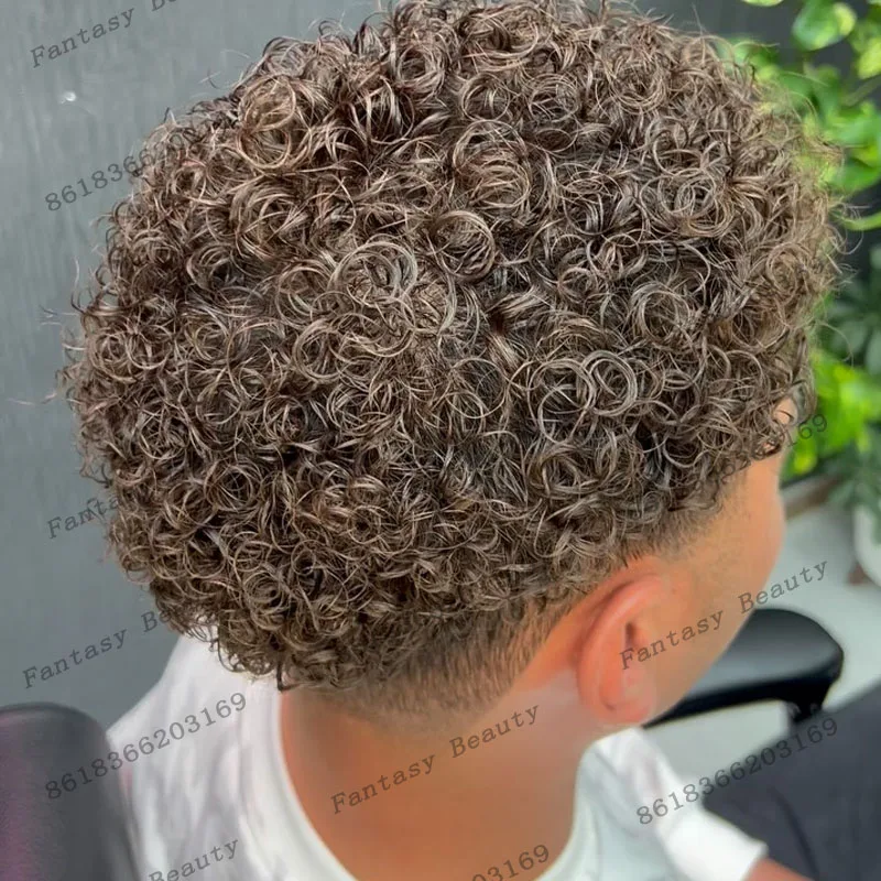 

Дышащие европейские вьющиеся мужские парики 15 мм, натуральные волосы, светло-коричневые протезы для волос, капиллярные шиньоны, прочная моно и искусственная основа