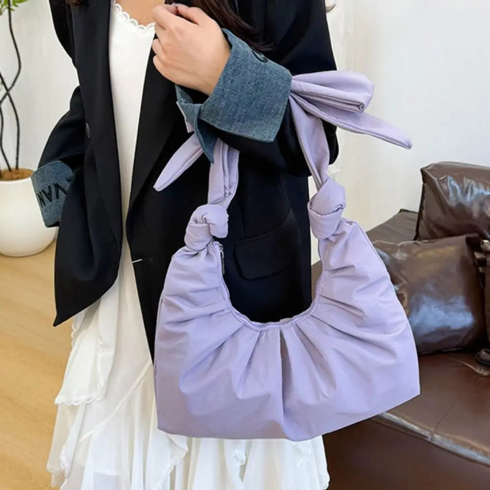 

Temperament Sweet Pleated Bow Tote Bag Bowknot Pure Color Nylon Dumplings Bag Minority Design Korean Style Handbag Women