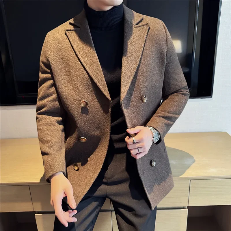 สไตล์อังกฤษฤดูใบไม้ร่วงฤดูหนาวหนา Double Breasted เสื้อขนสัตว์คุณภาพสูงผู้ชายธุรกิจสบายๆเสื้อสูทผู้ชายเสื้อผ้า