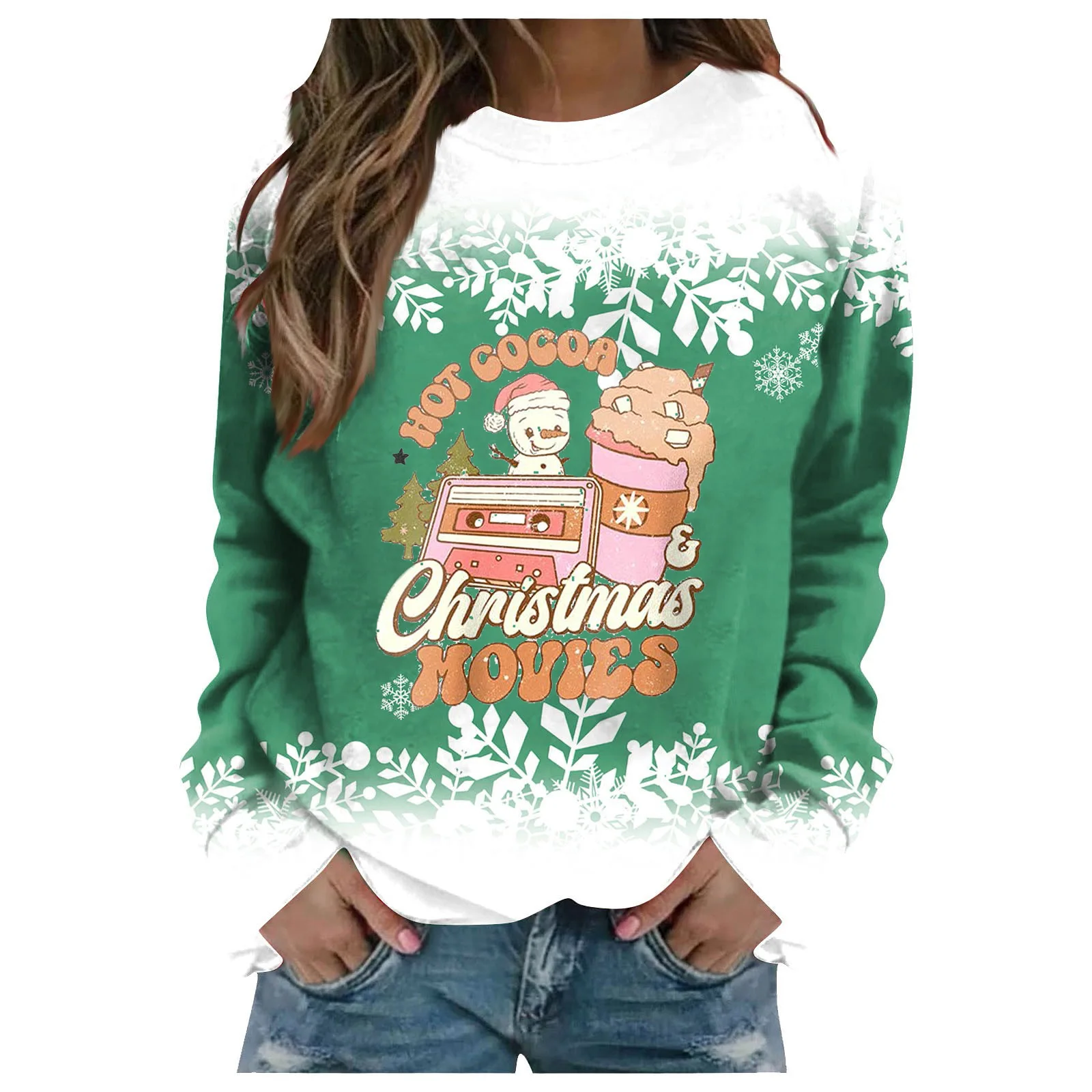 

Women Sweetshirts Long Sleeve Top Autumn Round Neck Casual Pullover Vintage Christmas Green Print Streetwear