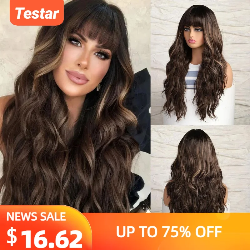 

Dark Brown Synthetic Wig with Highlight Long Body Wavy Hair Natural Hairline Wig for Women Daily Use Heat Resistant Fiber Wigs