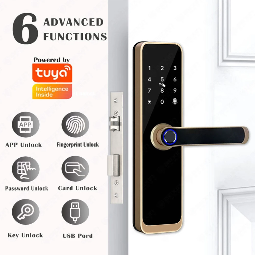 TIAGO Tuya Wifi Electronic Smart Door Lock With Biometric Fingerprint / Smart Card / Password / Key Unlock/ USB Emergency Charge