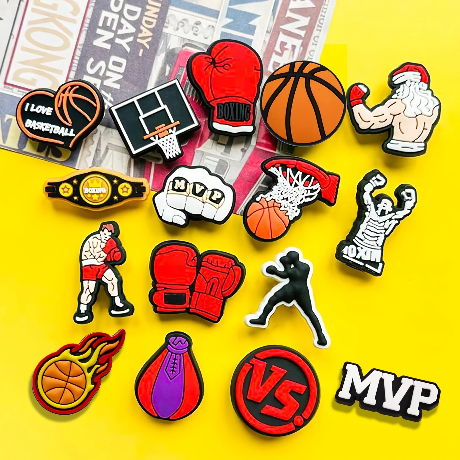 16pcs Basketball & Boxing Shoe Charms - PVC Sports Decor with Hoop, Gloves & MVP Phrases for Crocs & Sneakers