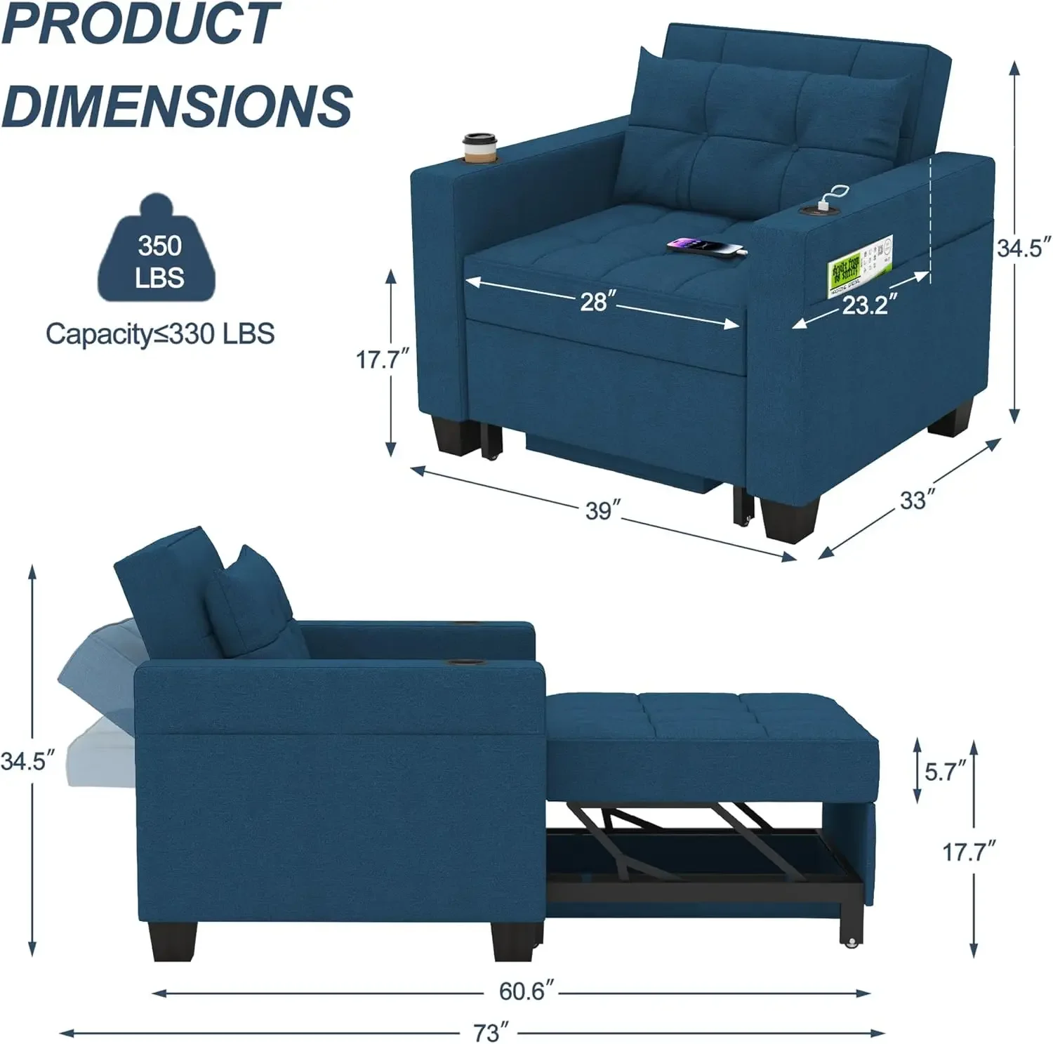 Pull Out Sleeper Chair Beds Adjustable Single Armchair Sofa Bed with USB Ports, Side Pocket, Cup Holder (Navy Blue Linen)