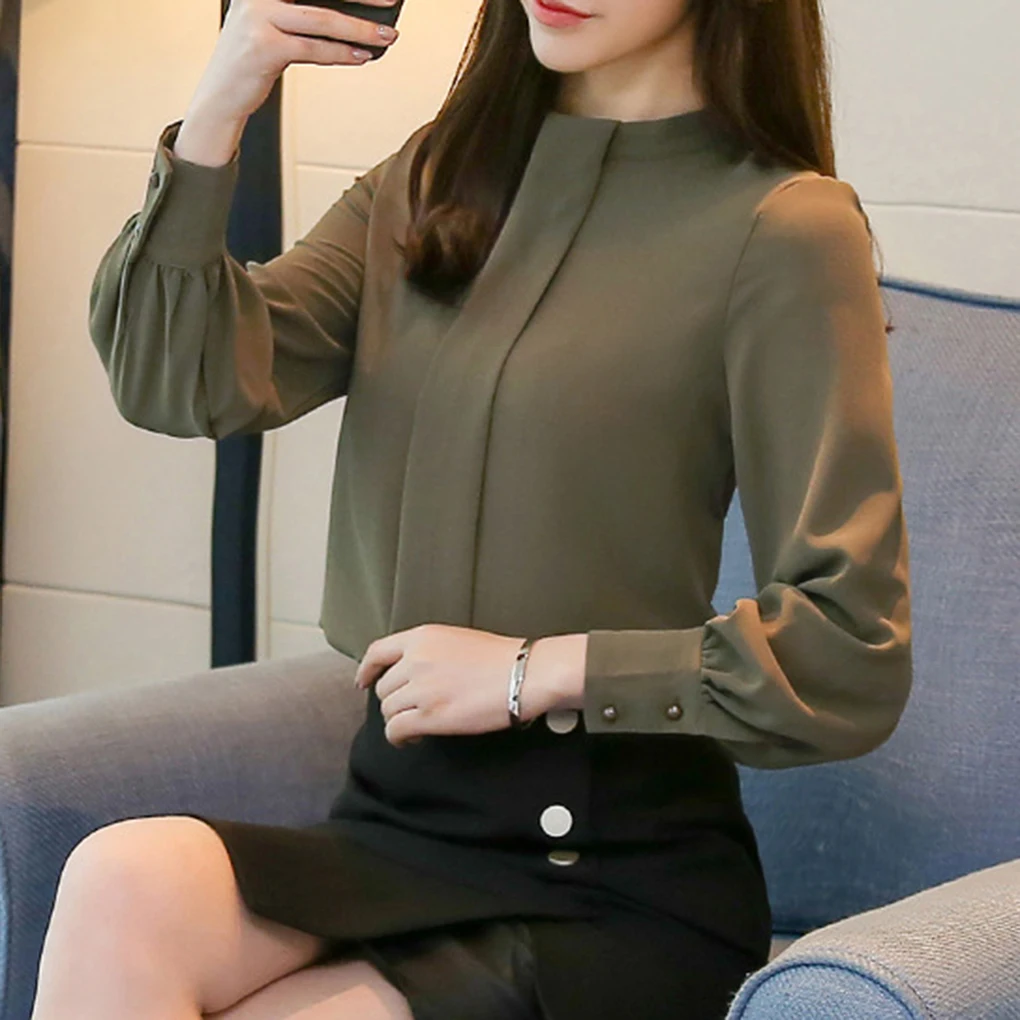 Dames chiffon shirt effen kleur lange mouwen blouse meisjes opstaande kraag tops