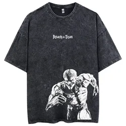 Men Washed Anime Attack on Titan T-Shirt Hip Hop Streetwear Graphic Print Oversize Tshirt Short Sleeve Cotton Loose Vintage Tops