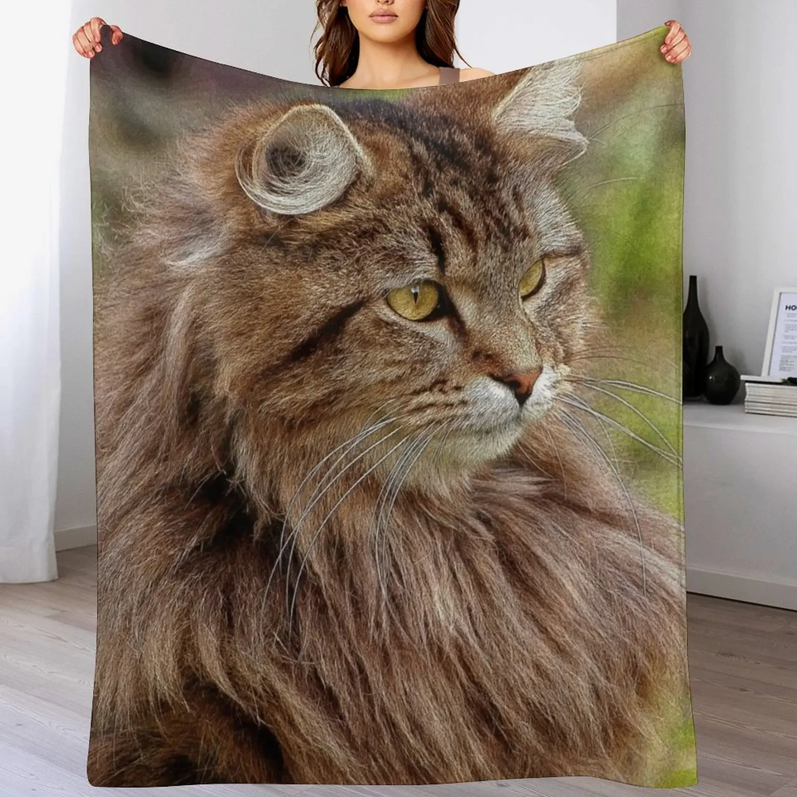 Maine Coon Cat Artwork Throw Blanket Plaid Furrys Blankets