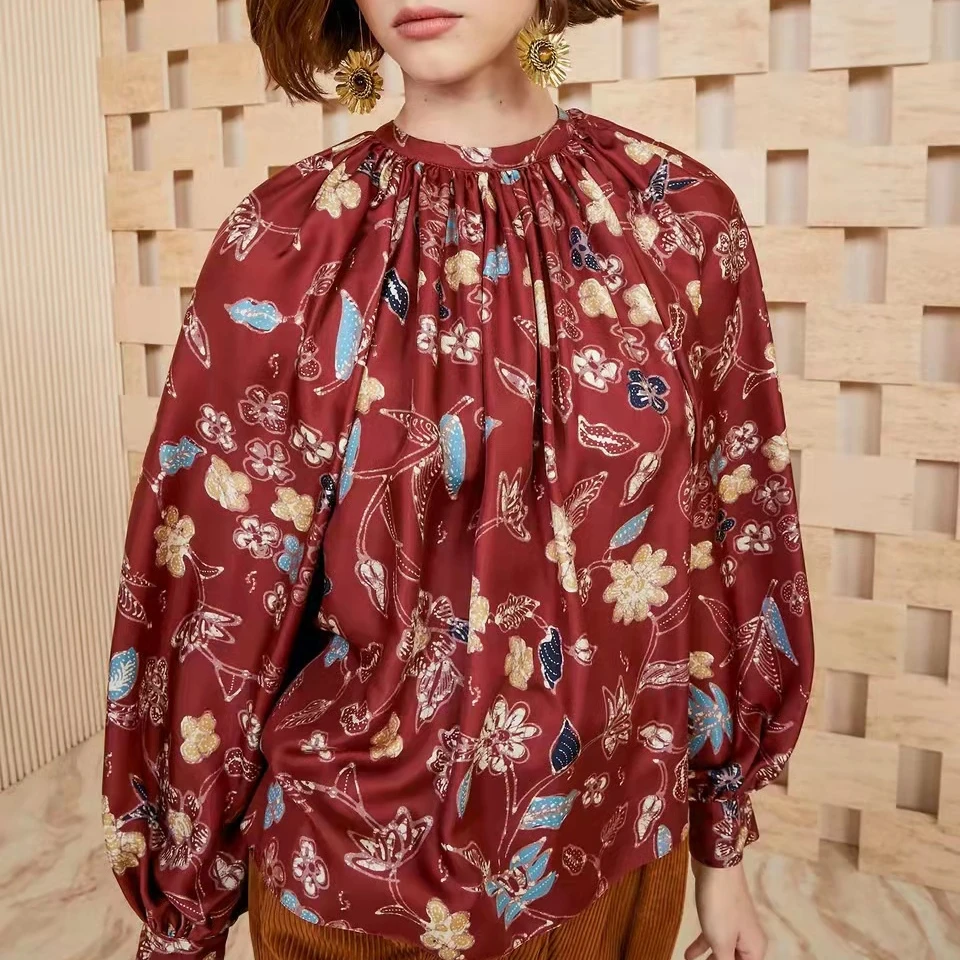 

Women Vintage Shirt tops 2022 New Lantern Long Sleeve Plant Print lady Blouse