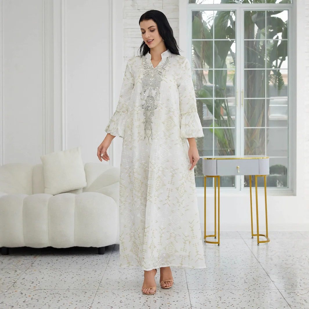 

Muslim luxury fashion jalabiya fashion mesh embroidered bead patchwork robe Middle East Saudi Arabia Islamic women's dress