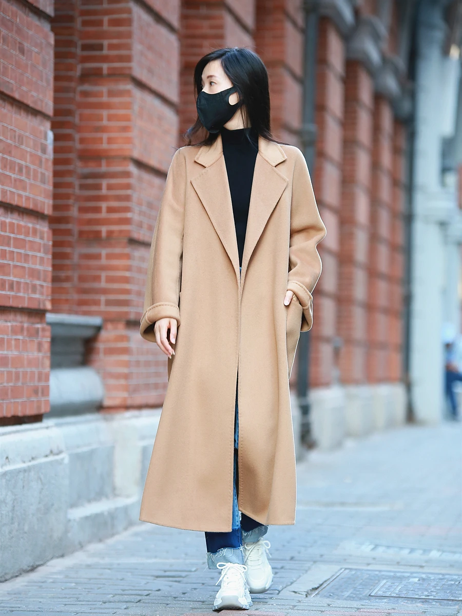 

Двустороннее шерстяное пальто-халат Ele для женщин, свободного кроя, осенне-зимняя верхняя одежда, простой стиль, однотонное, из смесовой шерсти