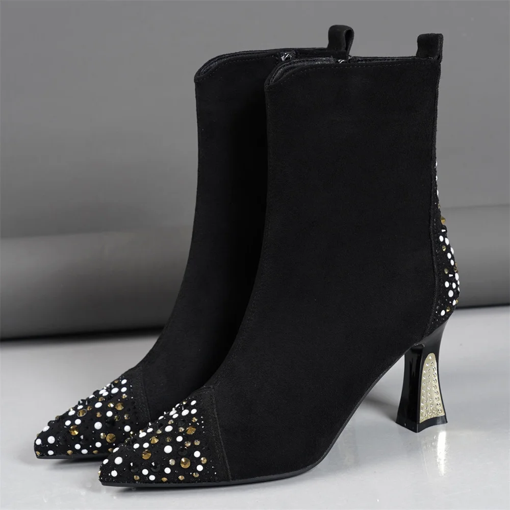 2024 New Sexy Black Women Boots Winter Rhinestone Shallow Thick Heel Comfortable Shiny Heels Shoes Casual Party For Female Boots