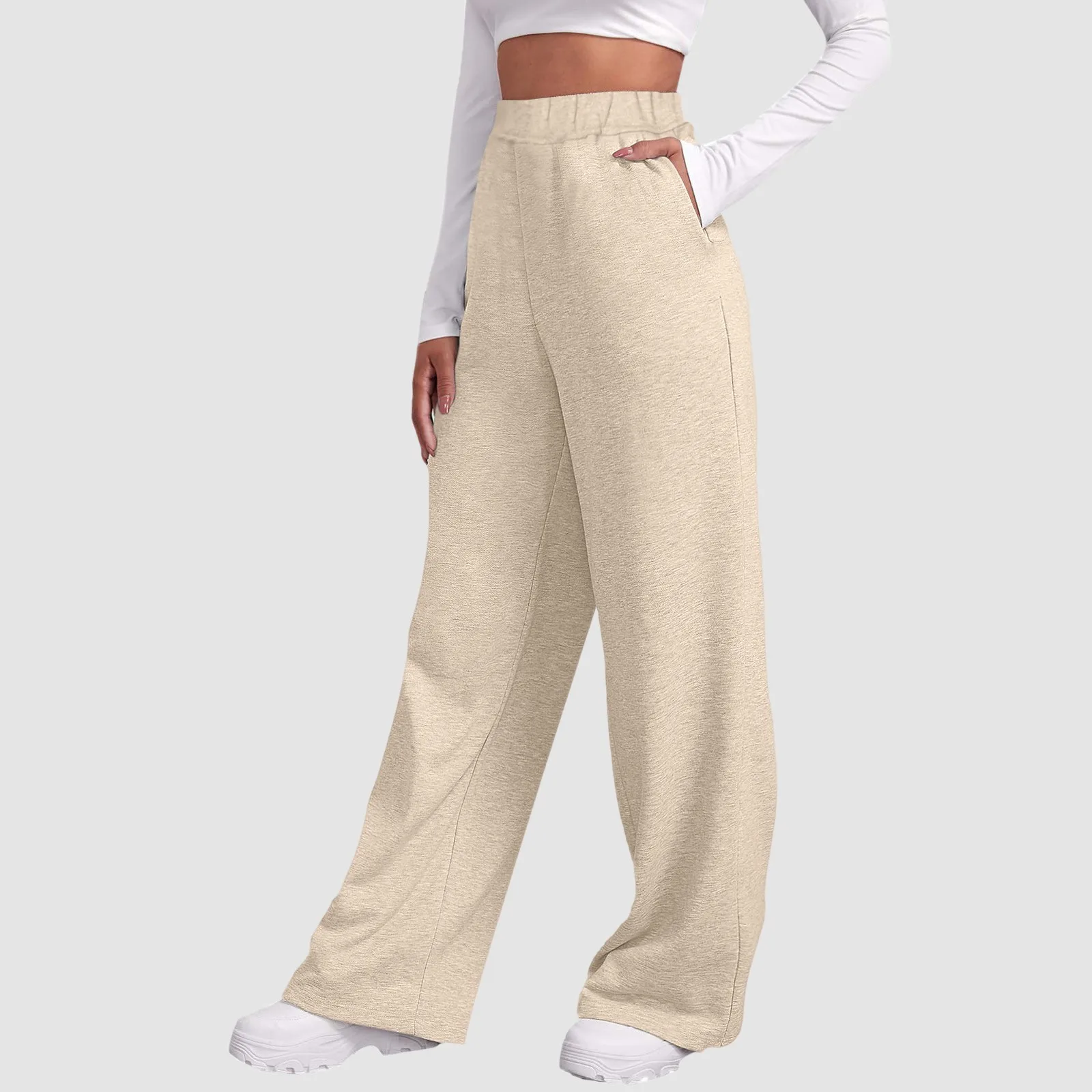 2024 Autumn New Women’s Fleece Lined Casual Pants Loose Warm Sweatpants High Waist Straight Wide Leg Trouser