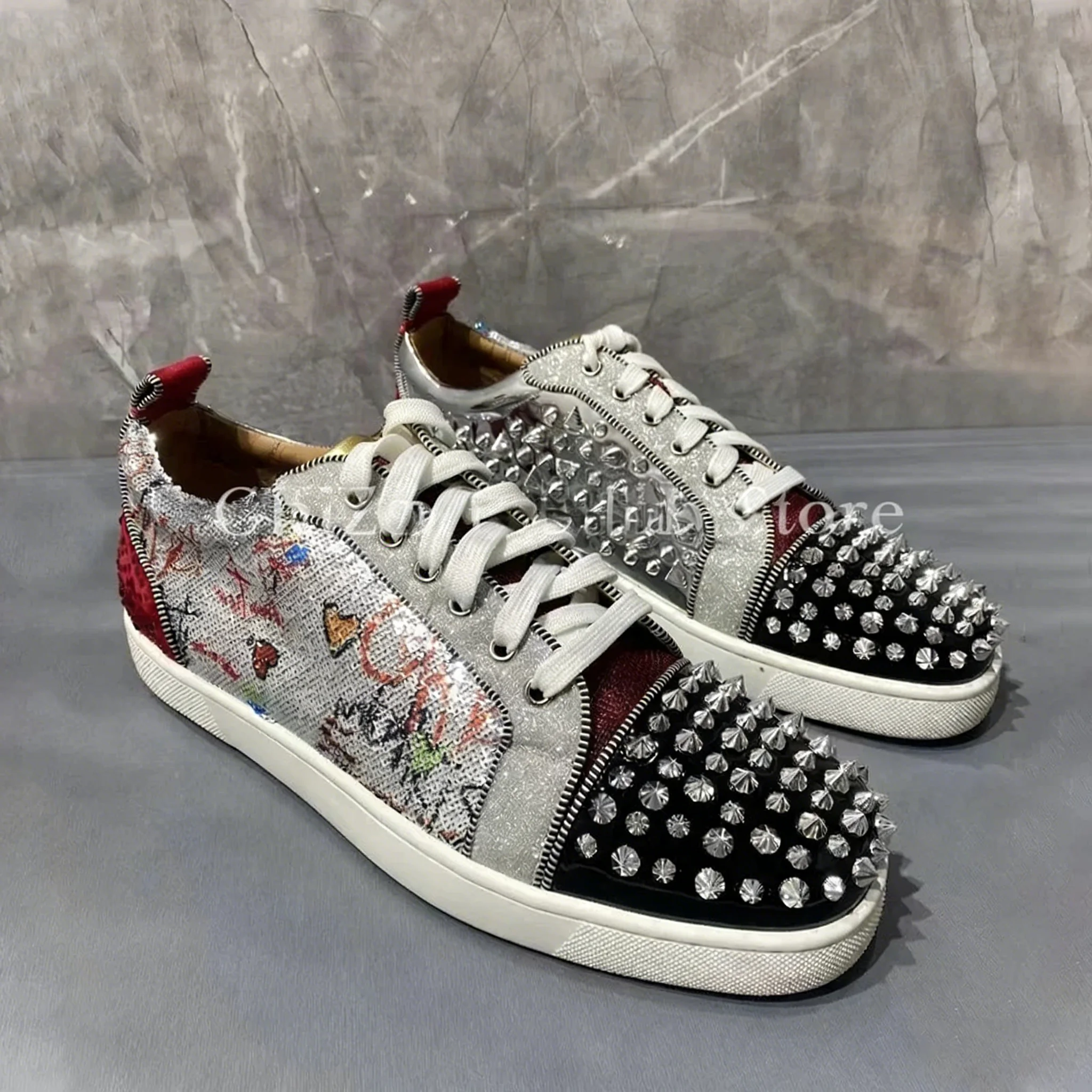 

Graffiti Color Matching Men's Shoes Studded Casual Flats Men Sneaker Round Toe Lace-Up Men Shoes New Style Comfort Spring Shoes