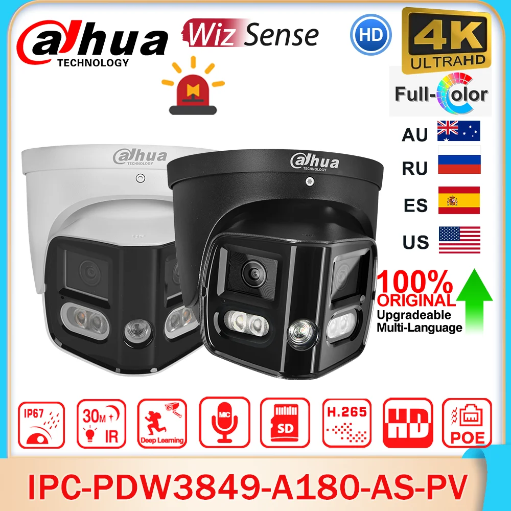 Dahua IPC-PDW3849-A180-AS-PV 2x4MP TiOC Duo Splicing Fixed-focal Eyeball WizSense Network Camera 180° 8MP Sound&Light Alarm CCTV