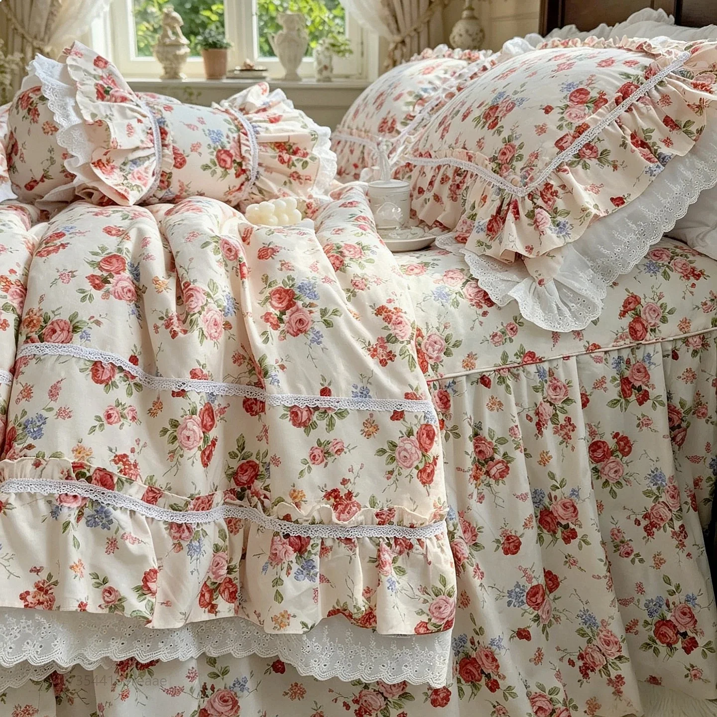 Red Rose Manor French Korean Vintage Princess Cotton Bed Skirt 4Pcs Set