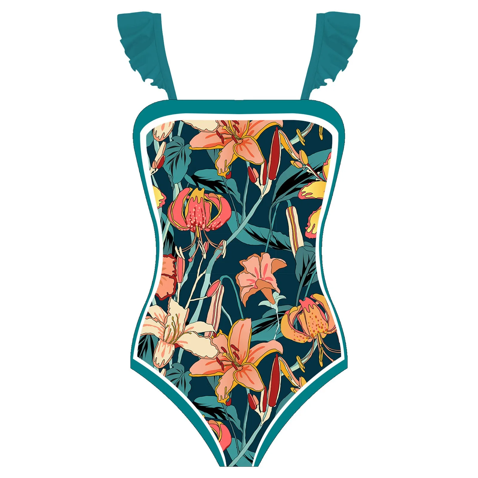 Retro Floral Print One Piece Swimsuit Monokini Flower Cover Up Two-Piece Swimwear Women Green Bathing Suit Female Beachwear