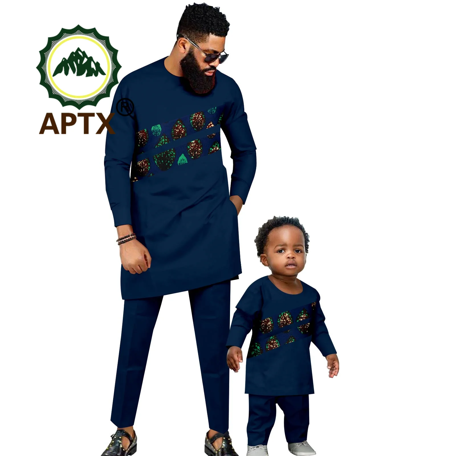 African Clothes for Family Ankara Patckwork Full Sleeve Shirt and Pants 2 Piece Set Dashiki Men Outfit Matching Kids F234010