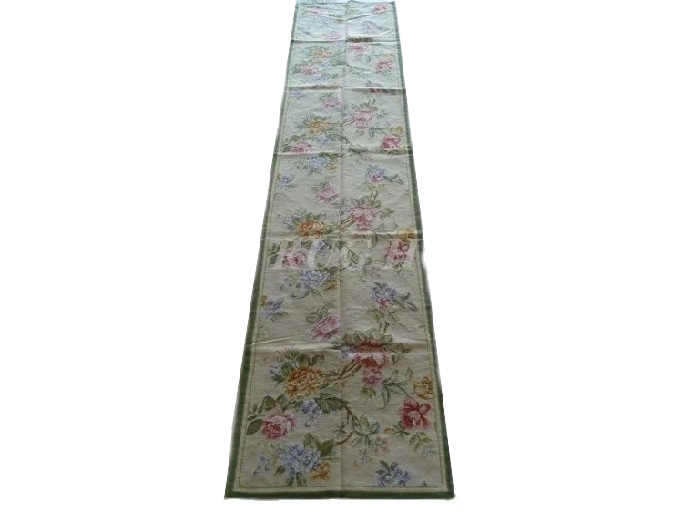 Free shipping 2.5'x12' Runner Handmade Floral English Garden Blue Roses Wool Needlepoint Rug