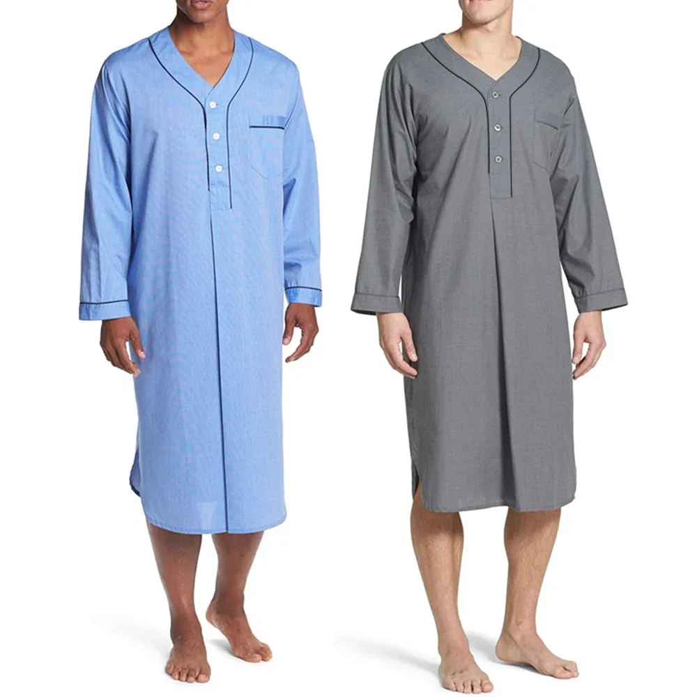 Men Loose Homewear Pajamas Nightgown Home Clothes Men\'s Long-sleeved V-neck Mid-length Sleep Robes Male Bathrobes Dressing Gown