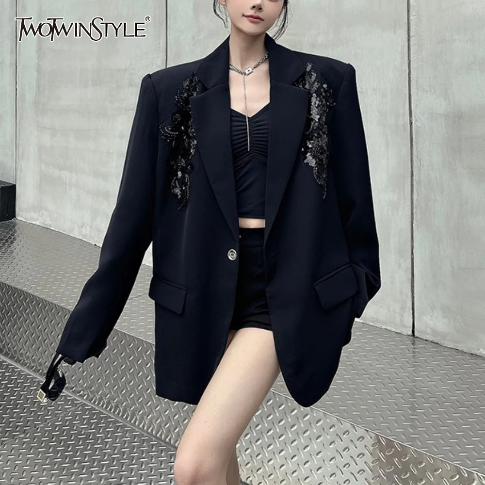 

TWOTWINSTYLE Black Spliced Sequins Basics Jacket Female Lapel Long Sleeve Loose Office Lady Women's Jackets Autumn Fashion New