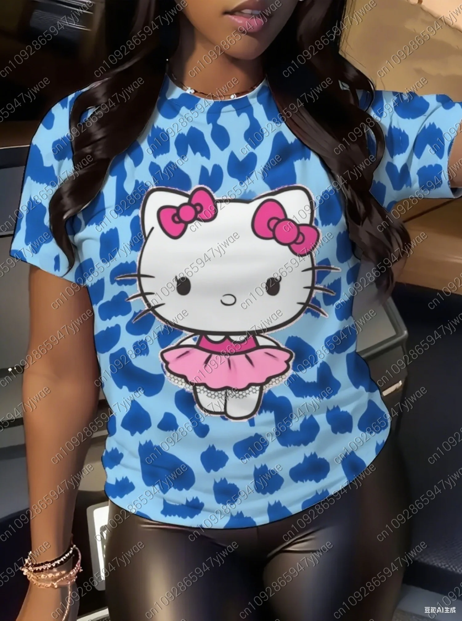 2025 Donna Leopard KITTY Stampa Donna Estate Basic Manica corta O-Collo Tees Casual Retro Ladies Sport Plus Size Abbigliamento donna