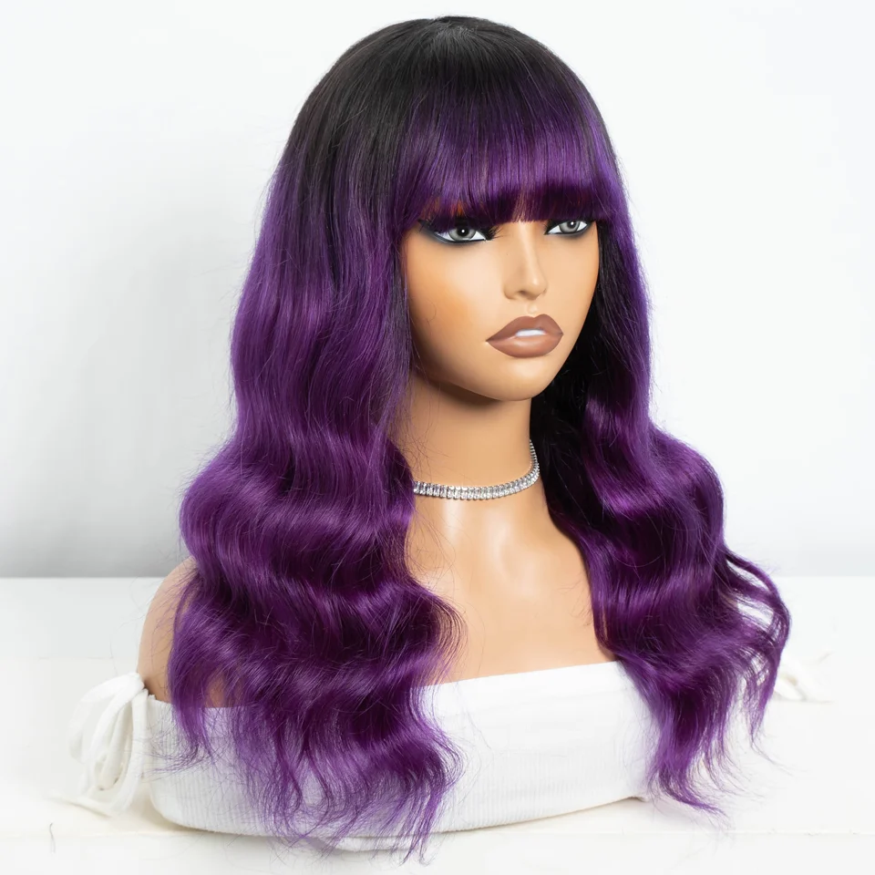 22inches Purple Body Wave Wig With Bangs Wear Go Wig With Bangs Brazilian Remy Hair With Baby Hair Machine Made Wigs For Women