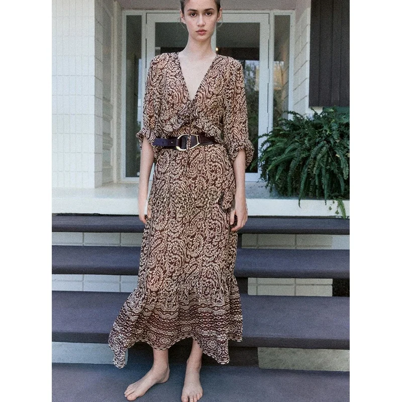 Primavera feminino hepburn sle longo sve v-ne em camadas decoração impressão midi dr commute lanterna de cintura alta sve dr