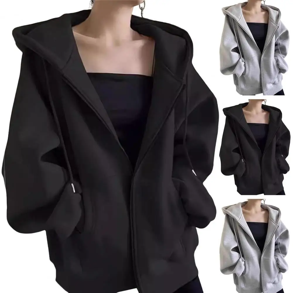 Autumn Winter Warm Long Gray/Black Jacket With Hood Long Sleeve Big Pocket Zipper Jacket Coat Women Casual Outerwear Coat Tops