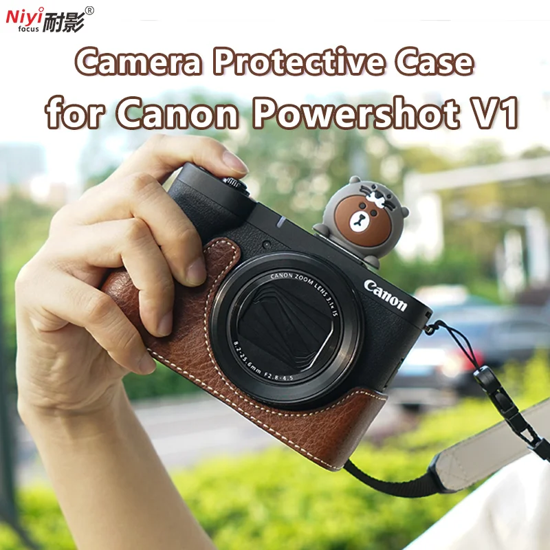 Kamera-Schutzhülle für Canon Powershot V1, Tasche mit Kunstlederboden, 1/4-Zoll-Schrauböffnung, Kameratasche mit Trageriemen