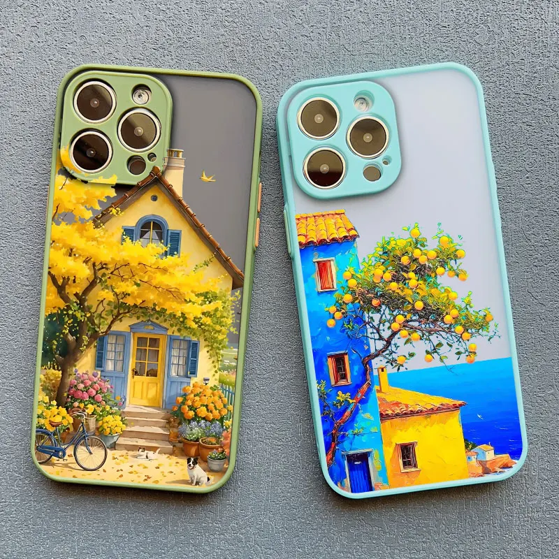 Vacation Villa House Scene Landscape Phone Case for iPhone 16 17 12 13 14 11 15 Pro Max Mini Plus XR X Cartoon Scenery Case