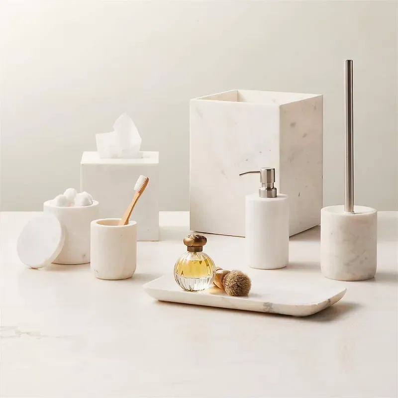 1 Set of 7pcs Volakas White and Nero Marquina 100% Natural Marble Bathroom Set Accessories Home Hotel Villa