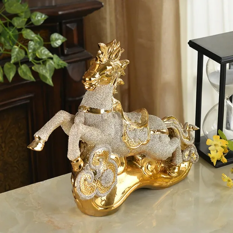 Tengda Gold-Plated Horse Ornaments, High-end Ceramic Handicrafts, Yellow Ornaments, Modern Household Decorations, Housewarming G