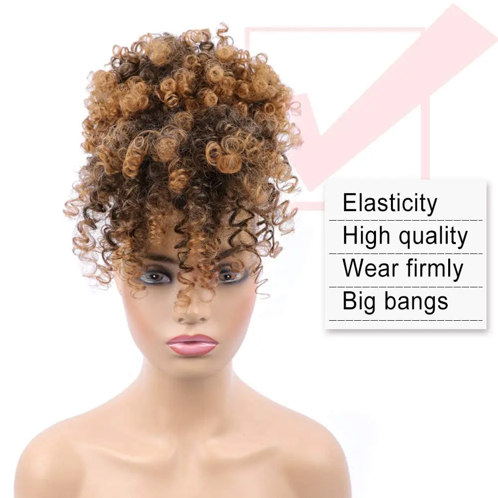 Syntetyczny kucyk ze sznurkiem z grzywką Afro Puff Przedłużanie kucyka Krótkie kręcone Puff Kucyk Clip in Wrap Updo Hairpiece