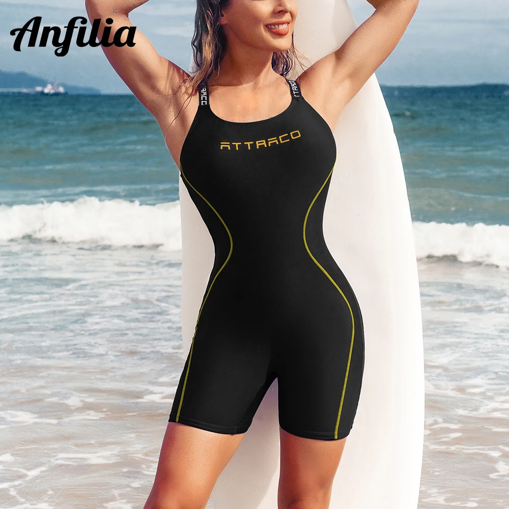 Anfilia One Piece Women Sports Swimwear Backless Boxer Conservative Swimsuit Patchwork Beach Wear Bathing Suit