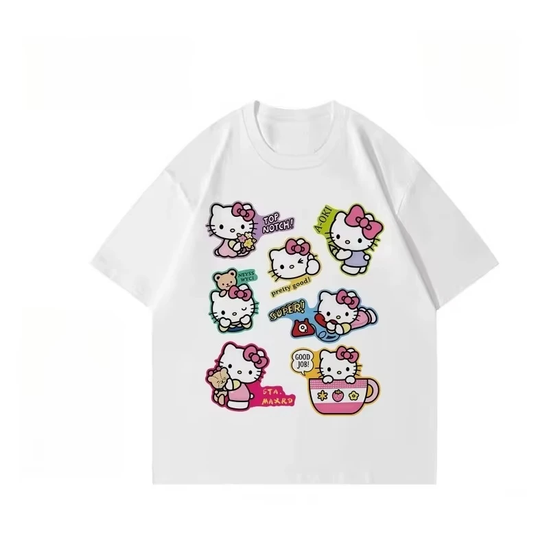 تي شيرت MINISO النسائي HelloKitty Cartoon سميك بأكمام قصيرة، قميص صيفي كاجوال فضفاض برقبة دائرية وأكمام قصيرة