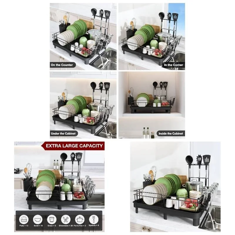 

Extendable dish drying rack with drain board, adjustable large drainer with utensil spatula and cutting board holders, foldable