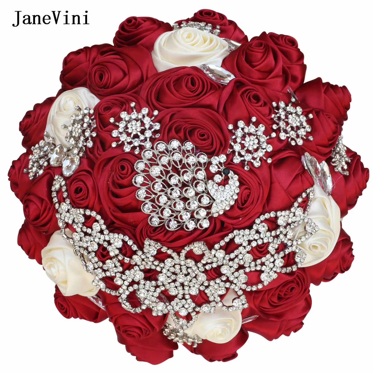 JaneVini New Customized Burgundy Ivory Luxury Wedding Bouquets for Bride Sparkly Rhinestones Ribbon Roses Bridal Bouquet Flower