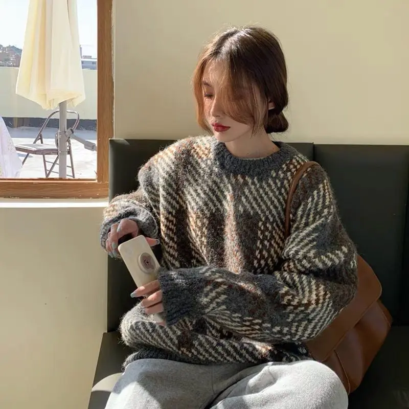 Sweater Women'S Autumn And Winter New Plaid Retro Y2K Loose Lazy High-End Sense Of Temperament Sweater Ins Hot