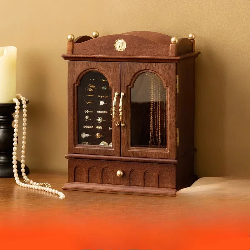 Retro jewelry box, light luxury high-end wooden jewelry necklace stud earring box.