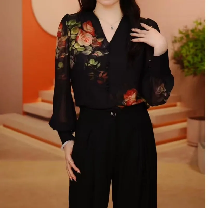 Spring Autumn Women Stylish Flower Print Chic Blouses Office Lady Elegant Commute Chiffon Shirts V Neck Long Sleeve Loose Tops