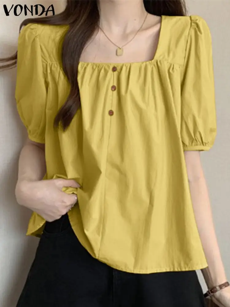 

Women Fashion Blouse 2024 VONDA Short Sleeve Solid Color Shirts Summer Puff Sleeve Tops Femininas Casual Square Neck Blusas