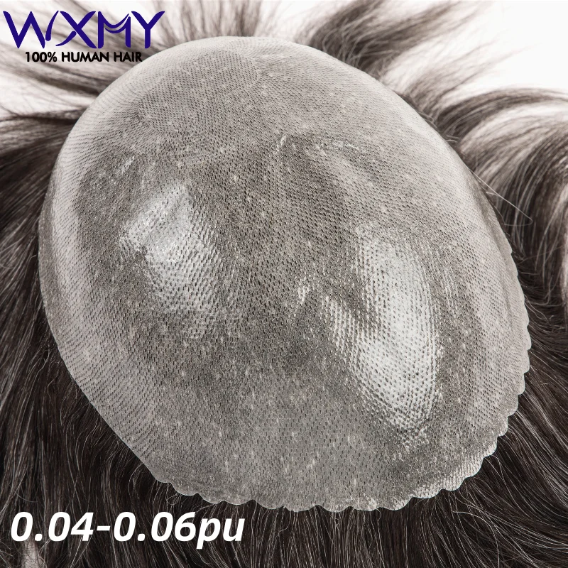 

0.04-0.06mm invisible Hairline Thin Skin Men's Toupee Natural Human Hair Prosthesis Capillary Undetectable Male Wig for HairLoss
