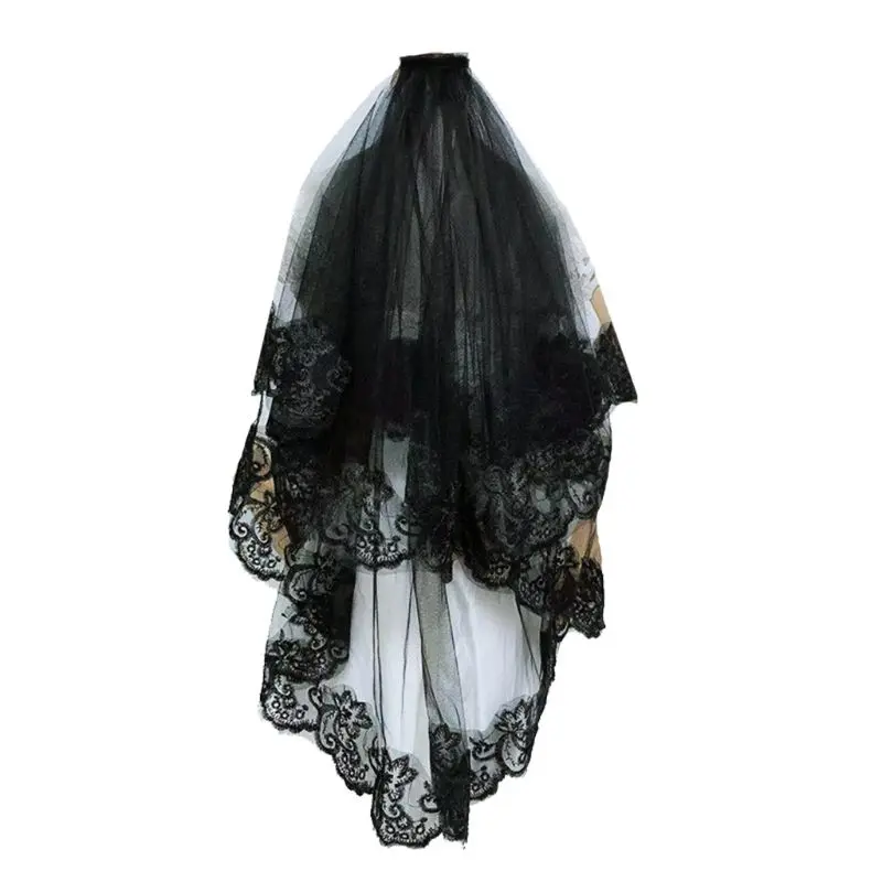 One-Layer Women Girl Black Mantilla Wedding Veil Embroidery Floral Lace Trim for