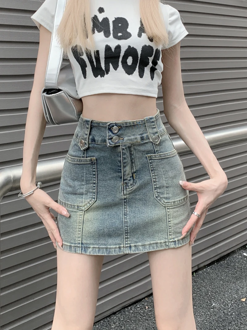 

Retro denim skirt, women's spicy girl pant skirt, 2024 summer new small figure A-line denim wrap hip short skirt