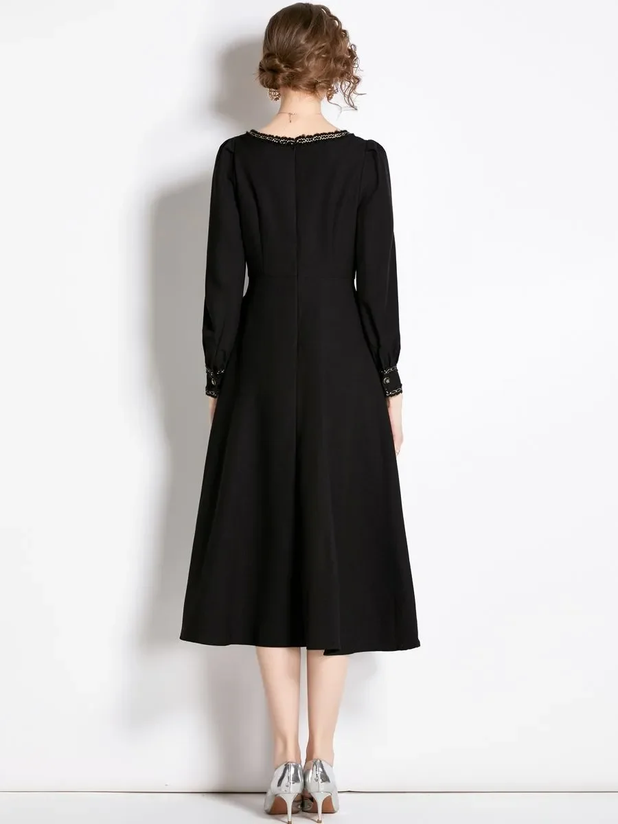 New Black Women Vintage Dress Long Puff Sleeve Square Collar Smock Weave Fringed High Waist A Line Mid Calf Length Vestido