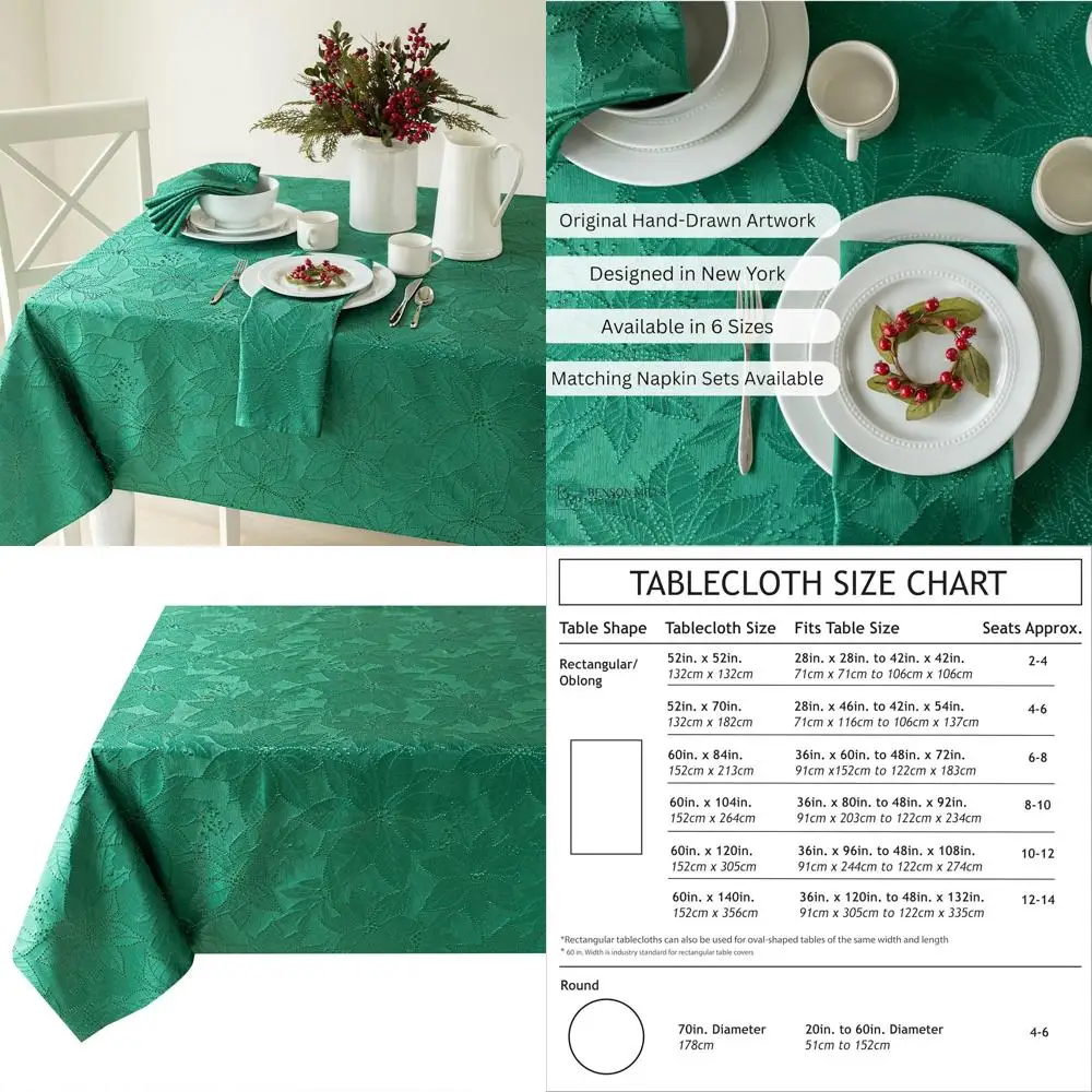 

Green Poinsettia Palace Damask Fabric Tablecloth for Holiday and Christmas, 60 x 120 Rectangular